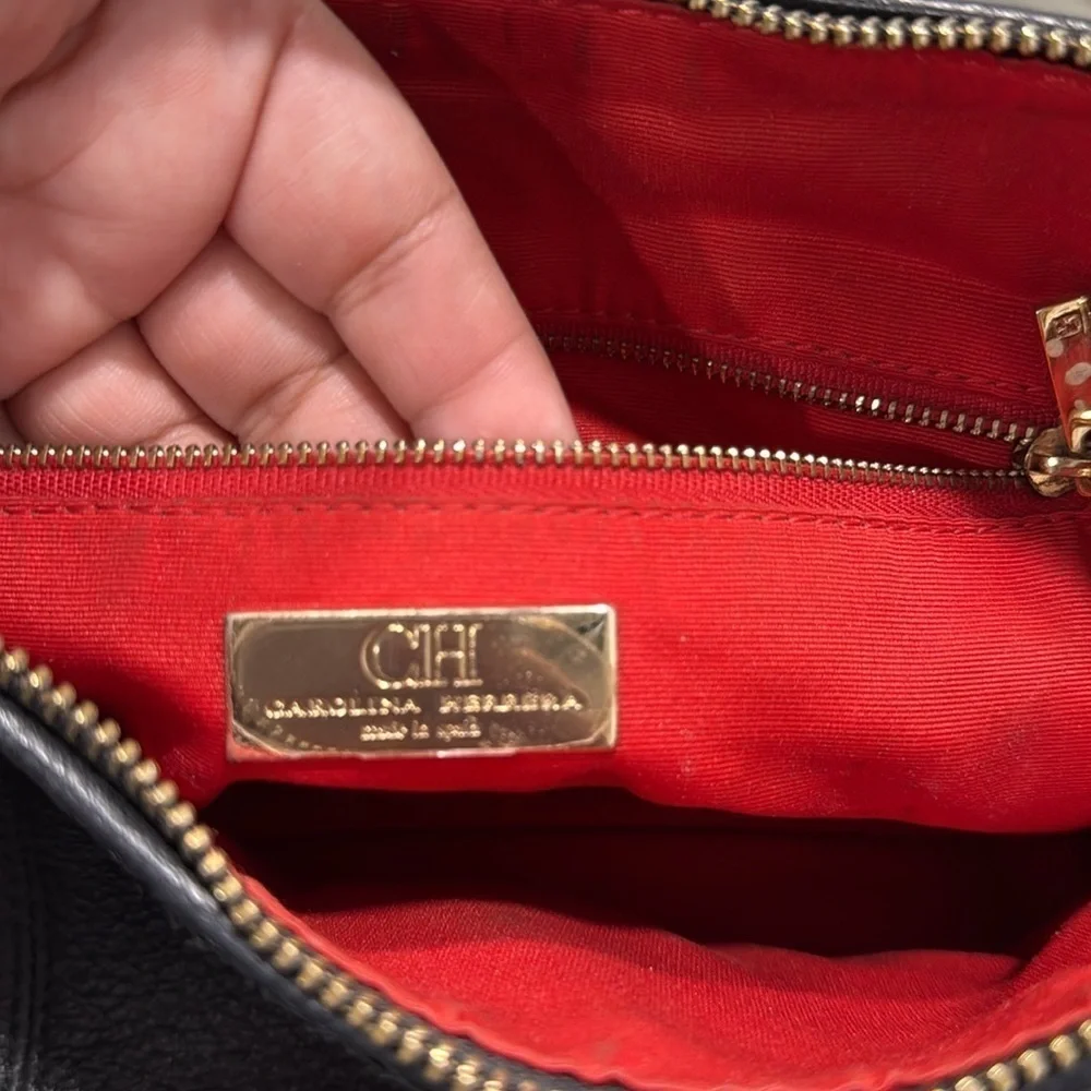 Carolina Herrera Black Monogram Embossed Leather Dahlia Hobo